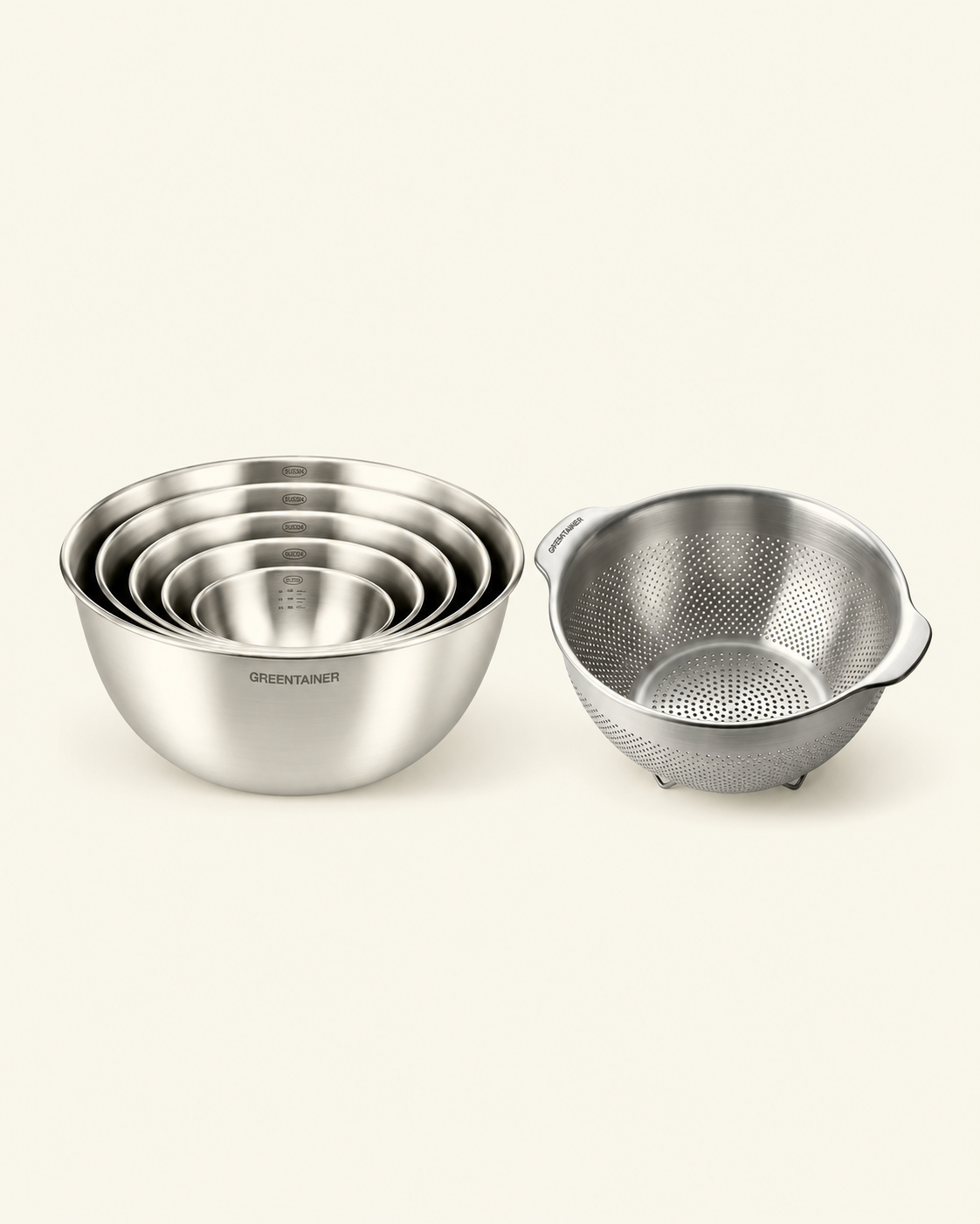 Five nested stainless steel mixing bowls with one 25cm colander – complete bundle
