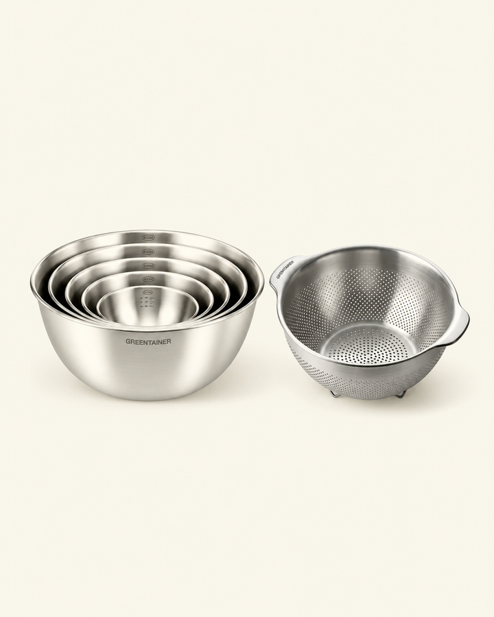 Five nested stainless steel mixing bowls with one 25cm colander – complete bundle