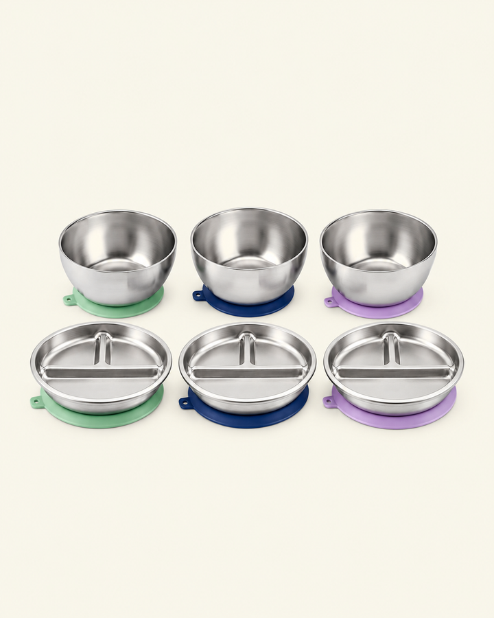 Toddler Mealtime Bundle with three mixed-colour suction bowls and three divided suction plates