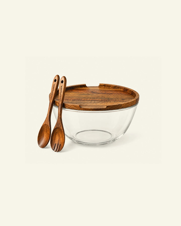 Glass salad bowl with wooden lid and matching wooden serving spoon and fork, Greentainer branded